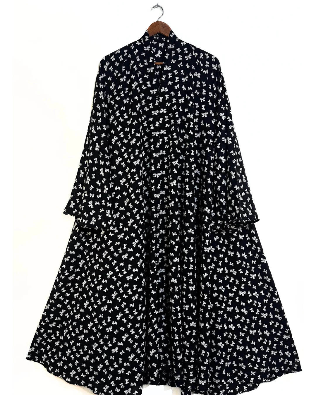 White Bows Front Open Long Flair Abaya