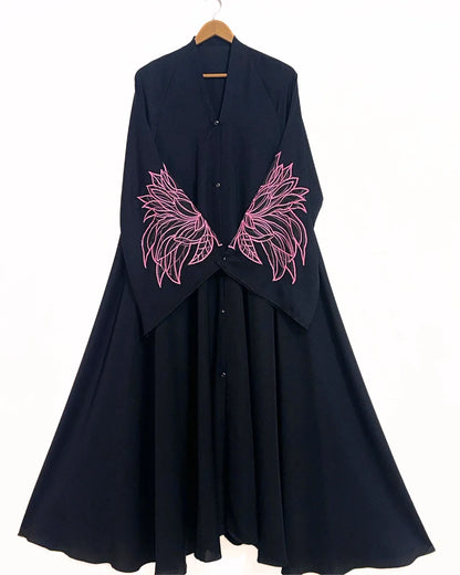 Pink Wings Embroidered Front Open Long Flare Abaya