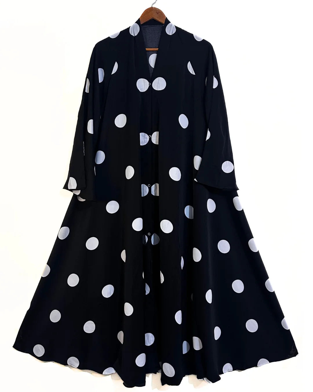 Crinkle Silk-Summer Black Long Flair Abaya with Polka Dots