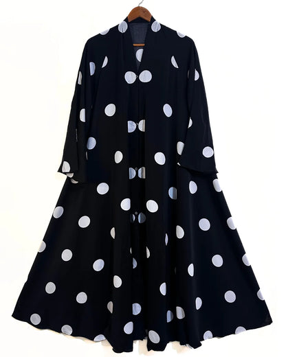 Crinkle Silk-Summer Black Long Flair Abaya with Polka Dots