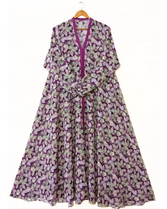 Violet Leaf Front Long Flair Open Abaya