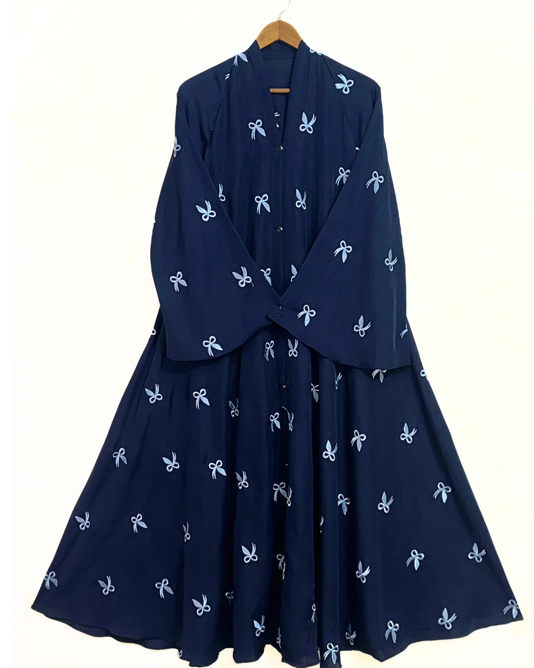 Dark Blue Bow Embroidered Front Open Long Flair Abaya