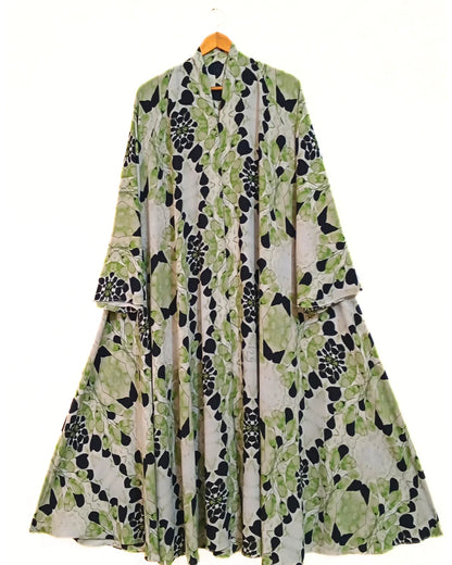 Green Dusk Front Open Long Flair Abaya