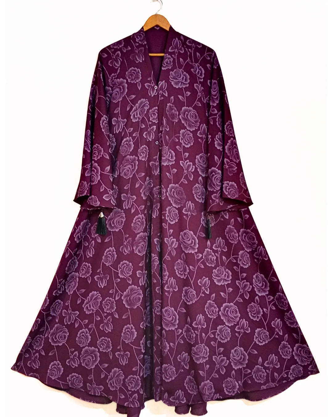 Plum Rose Front Open Printed Nidha Abaya