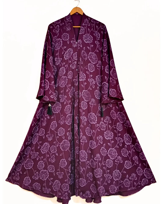 Plum Rose Front Open Printed Nidha Abaya