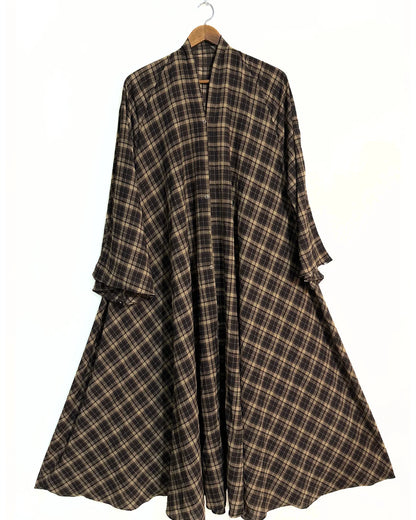 Brown Check Print Front Open Long Flair Abaya
