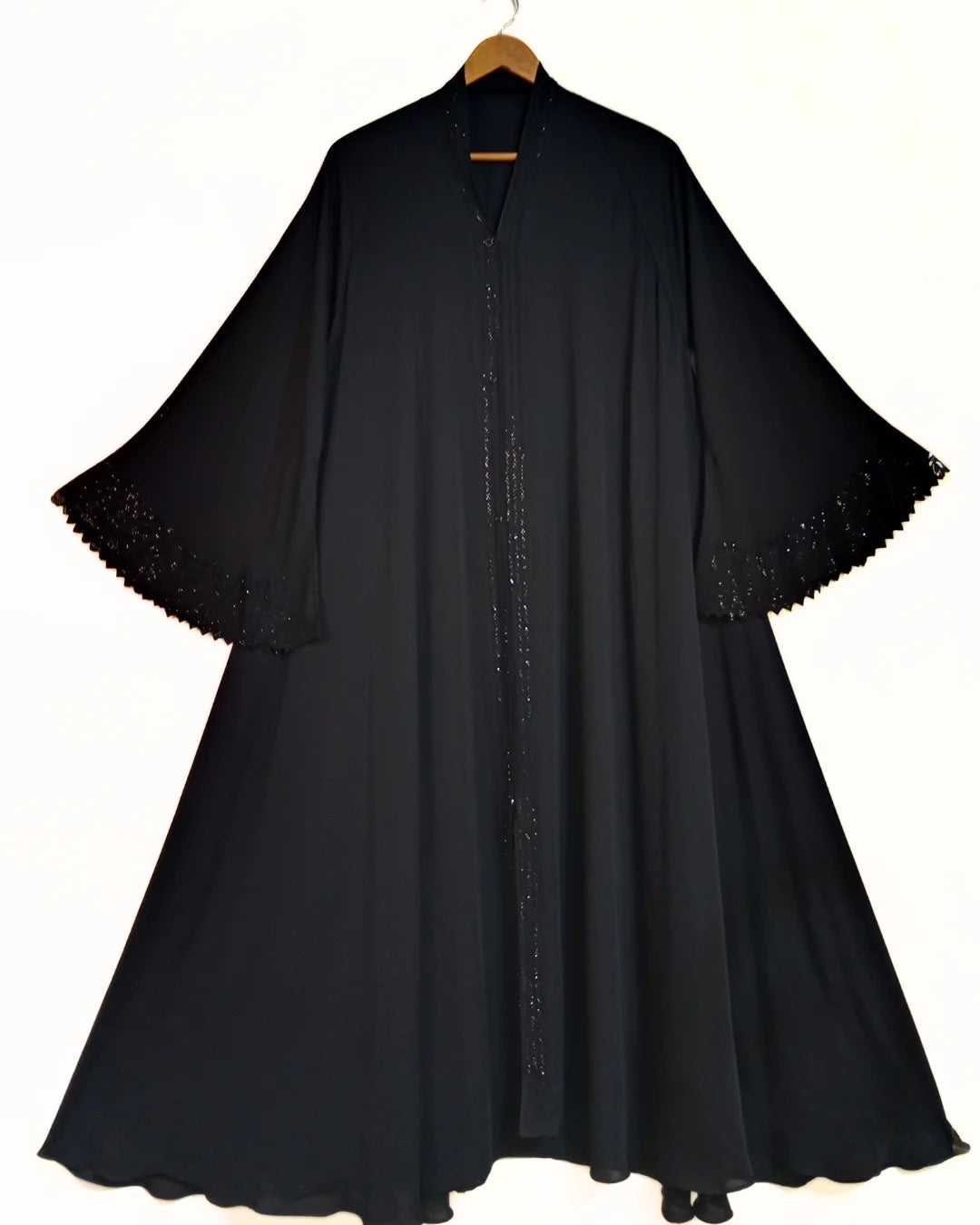 Black  Front Open Laser Fabric Abaya With Stonework and Umbrella Sleeves