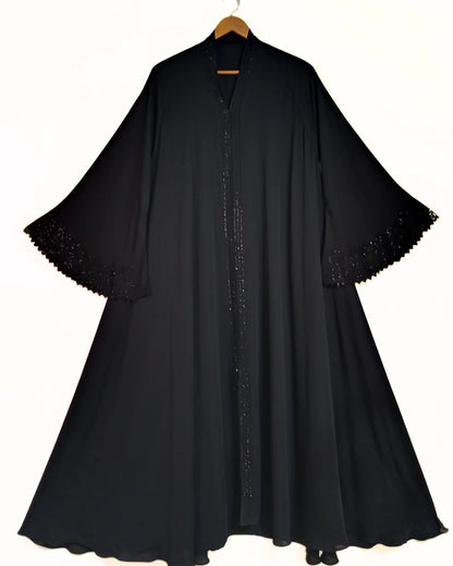 Black  Front Open Laser Fabric Abaya With Stonework and Umbrella Sleeves