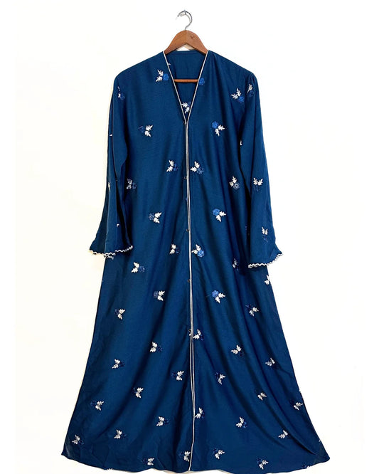 Blue Crinkle Nidha Front Open Abaya with Embroidery